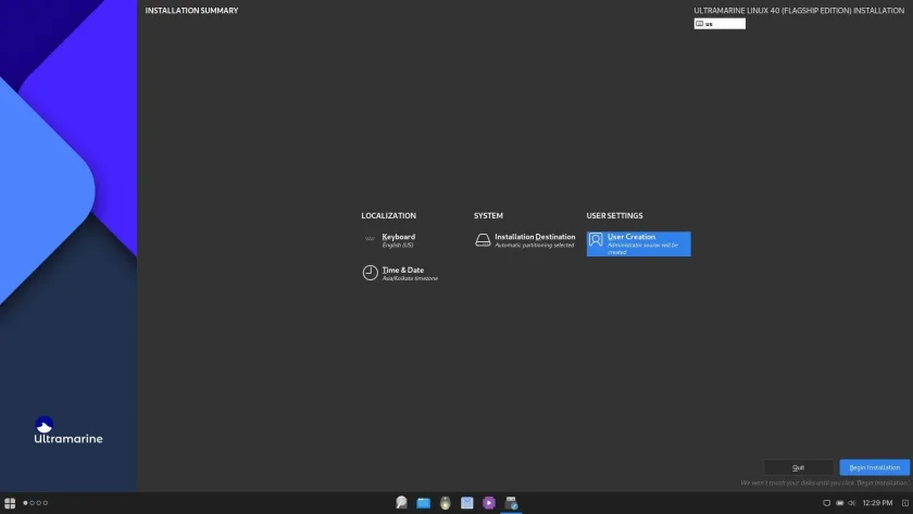 Uma captura de tela do instalador do Ultramarine Linux