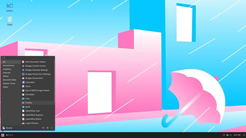 Uma captura de tela do Ultramarine Linux Desktop View com o iniciador de aplicativos aberto