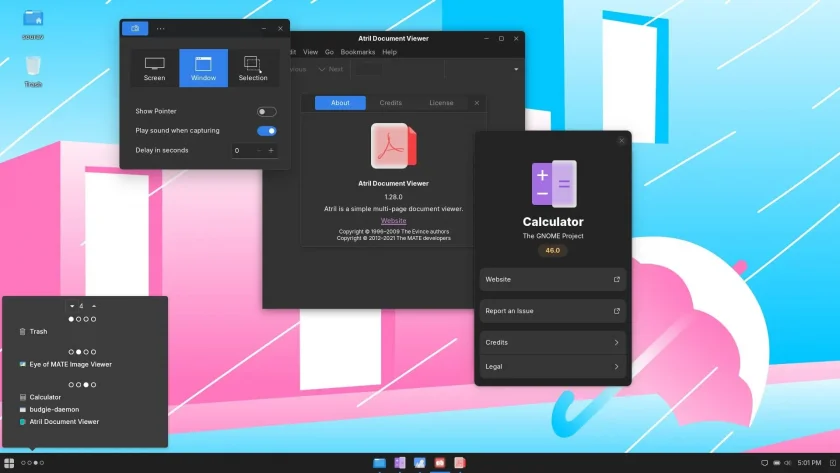 Uma captura de tela do Ultramarine Linux com muitos aplicativos e o alternador de espaço de trabalho aberto