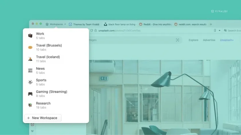Uma captura de tela do alternador de espaços de trabalho no vivaldi 6.0