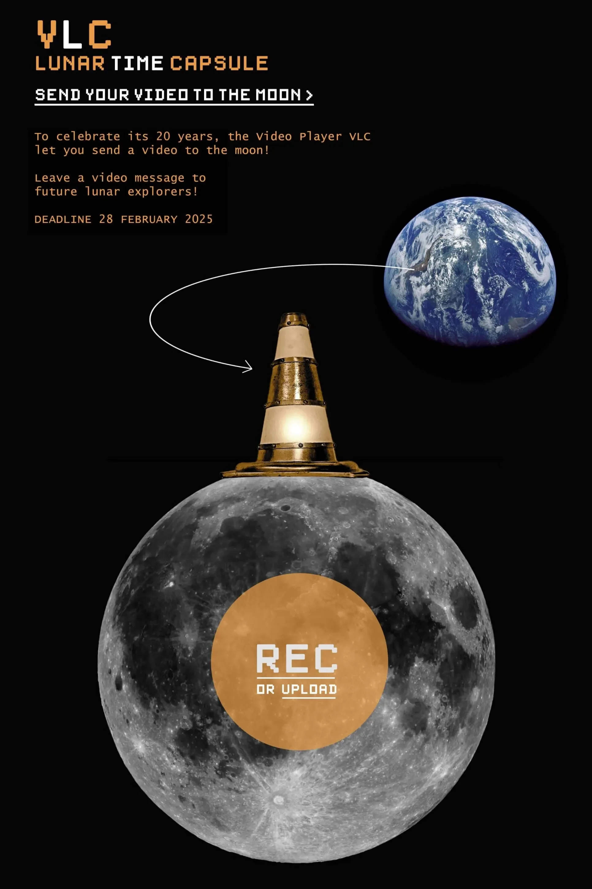 Imagem do site da cápsula do tempo lunar VLC, mostrando texto e uma representação da Terra e da Lua, com um cone VLC dourado sobre esta última