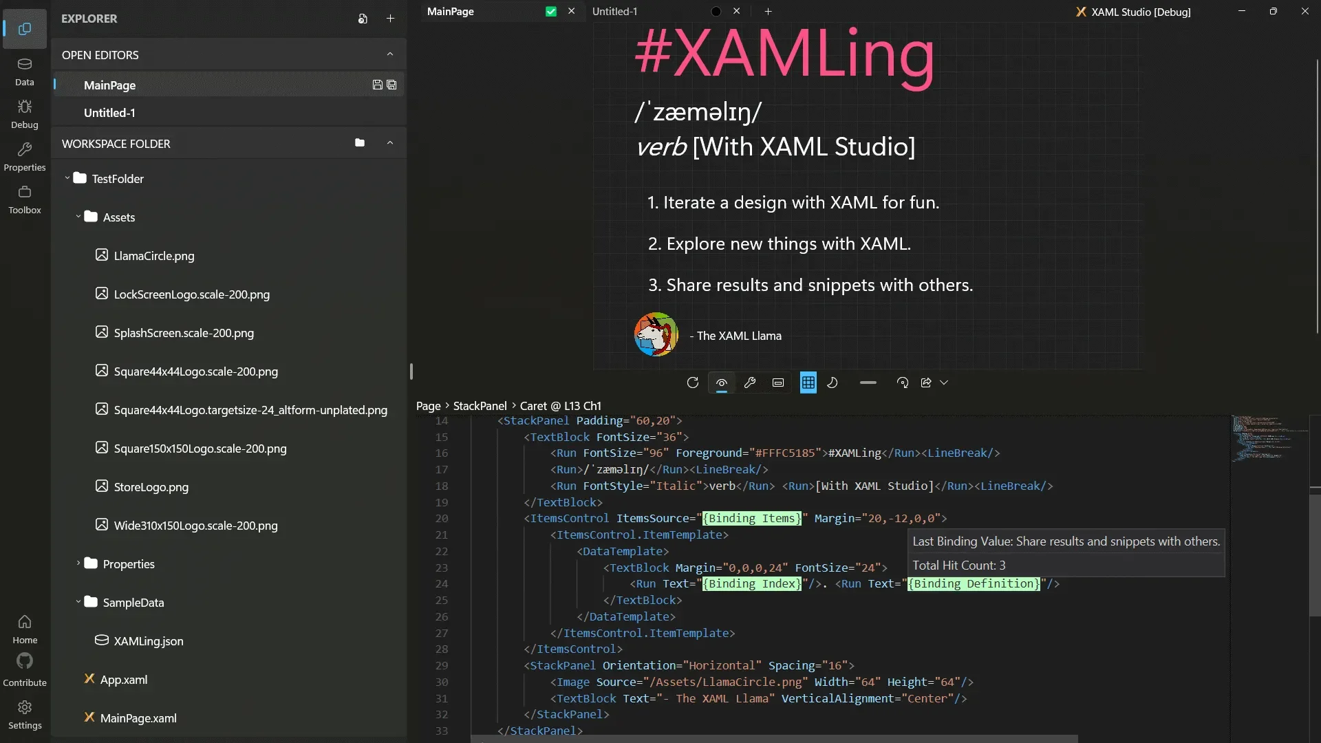 Esta captura de tela mostra a interface v2 que está por vir para XAML Studio, há uma barra lateral dupla à esquerda e no canto inferior direito está o editor de código mostrando a saída acima