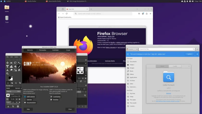Exibição de aplicativos como GIMP, Firefox e Catfish