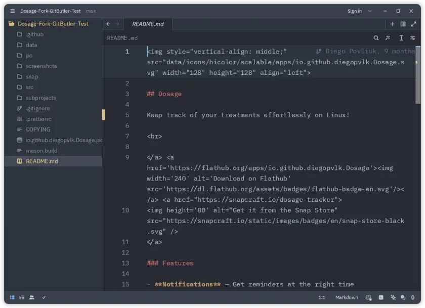 Uma captura de tela do Zed rodando no Linux com um arquivo leia-me aberto