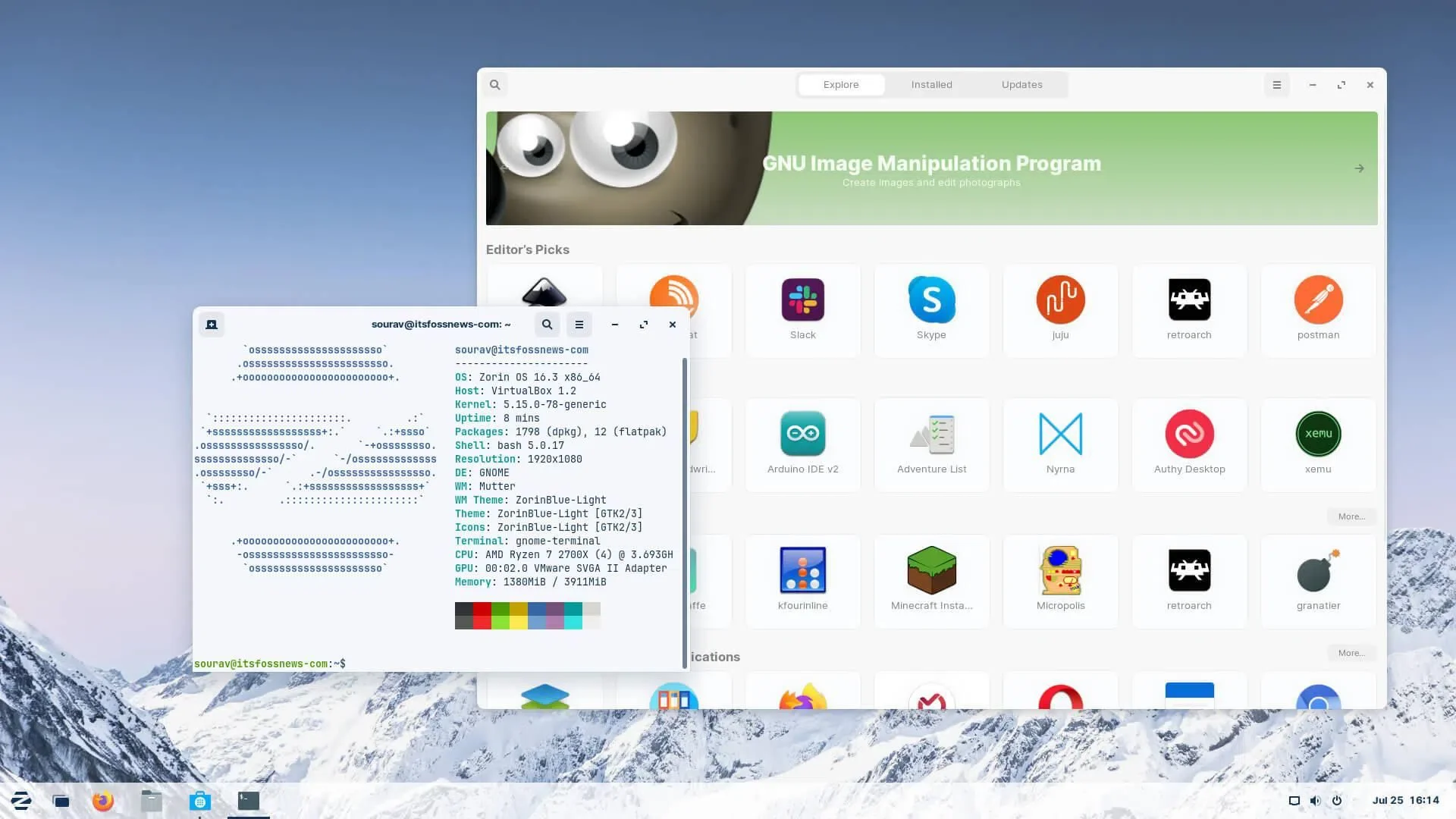 Uma captura de tela do Neofetch Output e do Centro de Software do Zorin OS 16.3