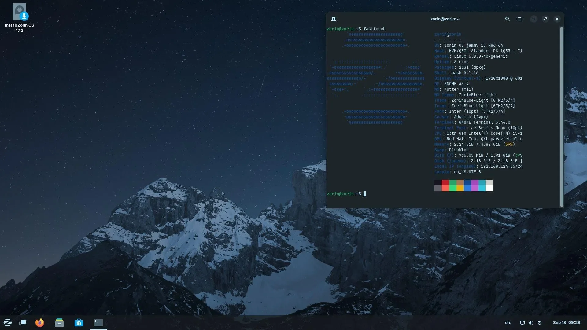 Captura de tela do Zorin OS 17.2 com a saída do fastfetch