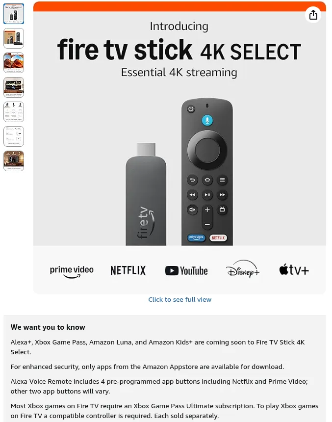 Esta captura de tela mostra uma listagem da Amazon para o Fire TV Stick 4K Select, com uma seção chamada Queremos que você saiba abaixo, um dos pontos explica como o sideload de aplicativos não é possível