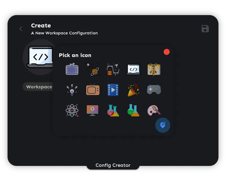 uma captura de tela da seleção do ícone da tela de criação do espaço de trabalho do espaço de trabalho do aplicativo aplicativo