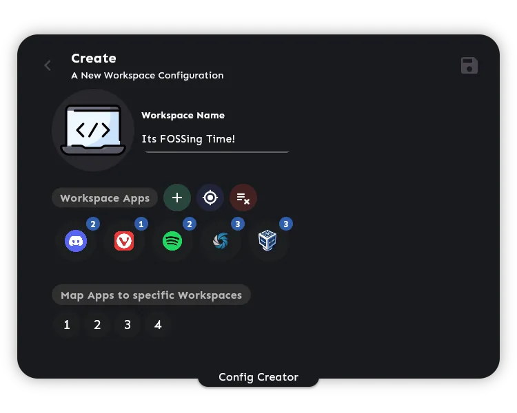 uma captura de tela do app fleet com todas as coisas definidas no criador do espaço de trabalho