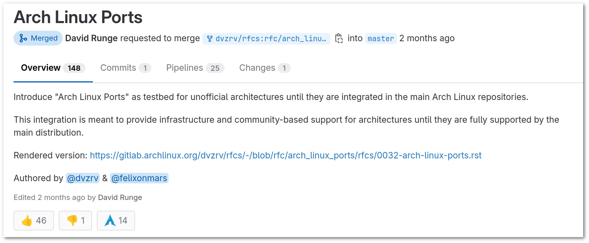 Arch Linux RFC mesclado screenshot do Arch Linux GitLab
