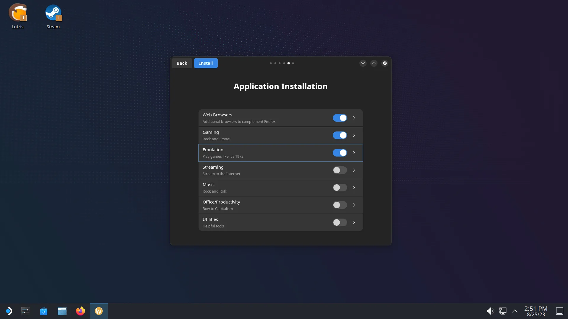 Uma captura de tela das opções do instalador do aplicativo Bazzite Portal