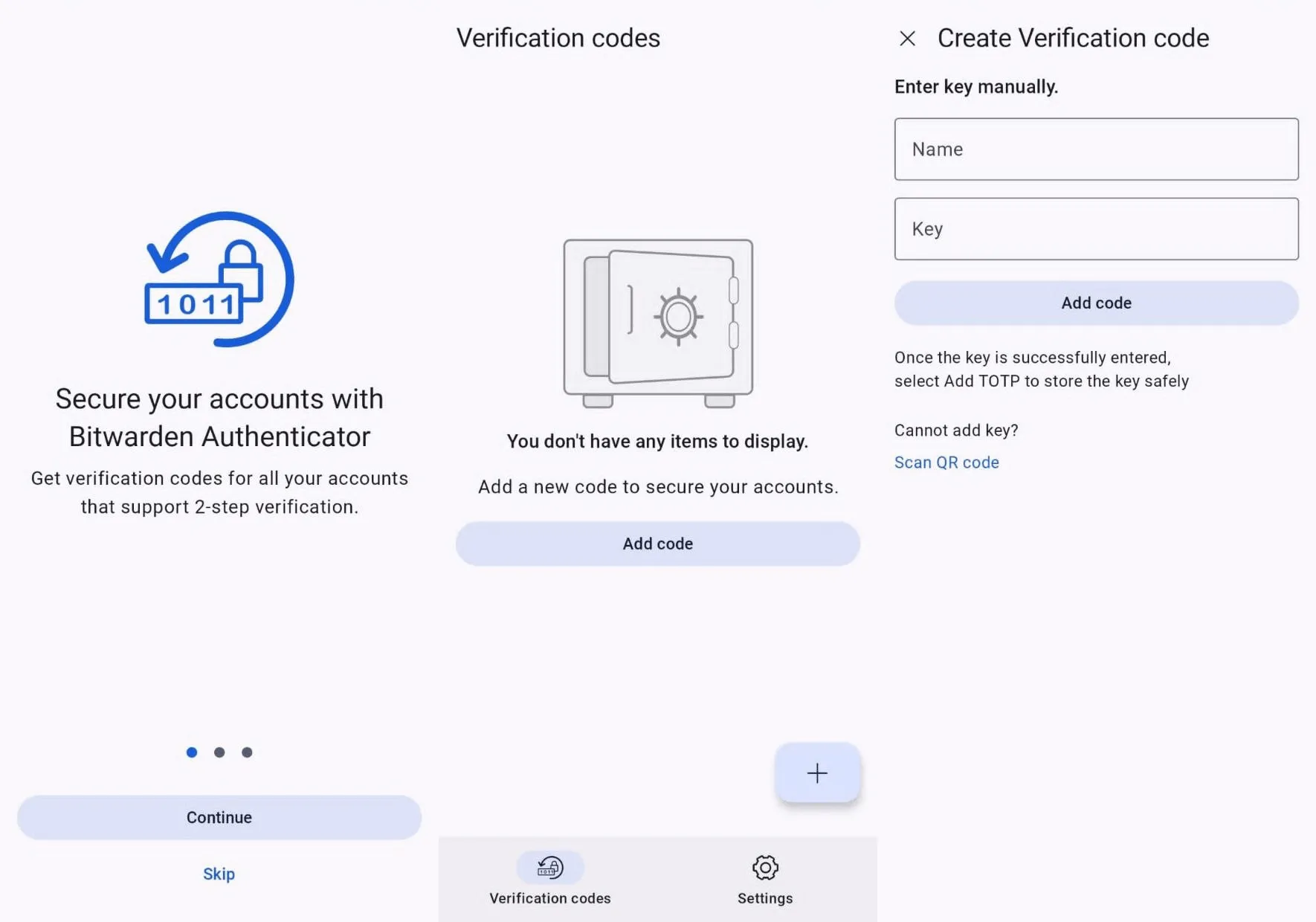 Uma colagem mostrando três capturas de tela do aplicativo Bitwarden Authenticator Android