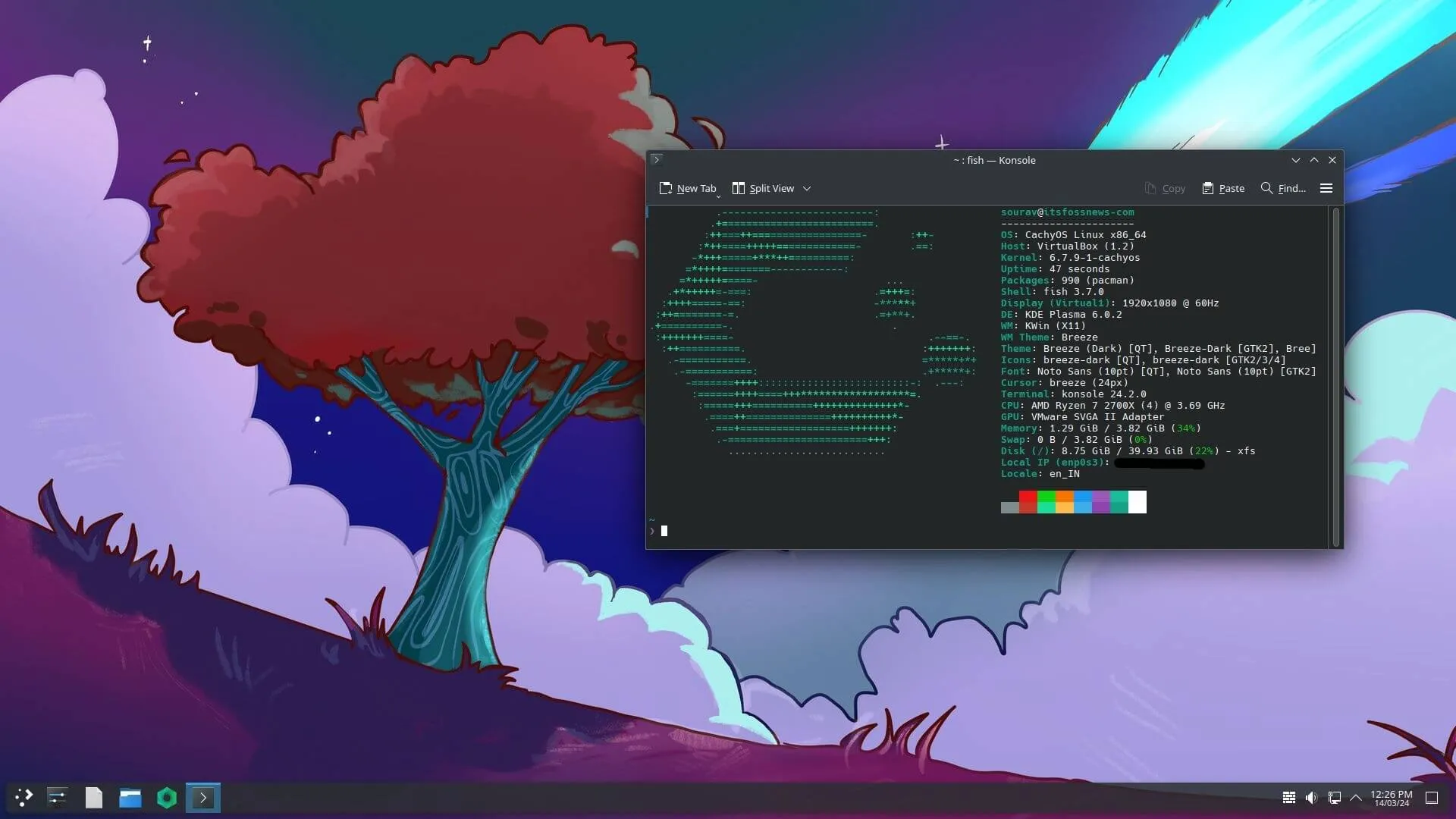 Uma captura de tela da tela da área de trabalho do Cachy OS de março de 2024 com saída Fastfetch no aplicativo Terminal