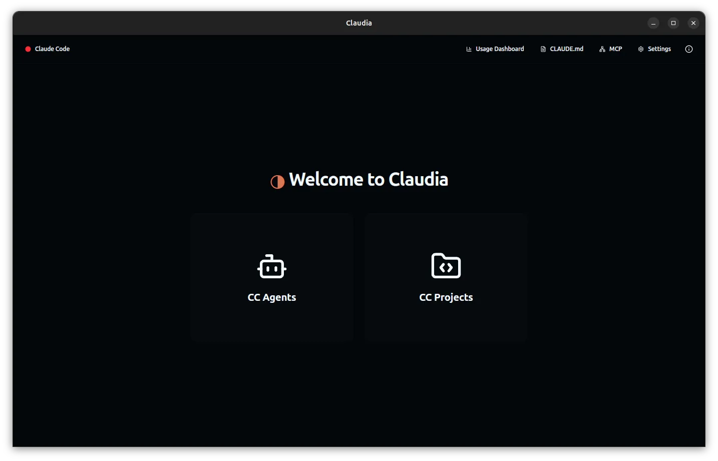 Claudia rodando no Ubuntu 25.04, com a tela de boas-vindas aberta e diversas opções de interação