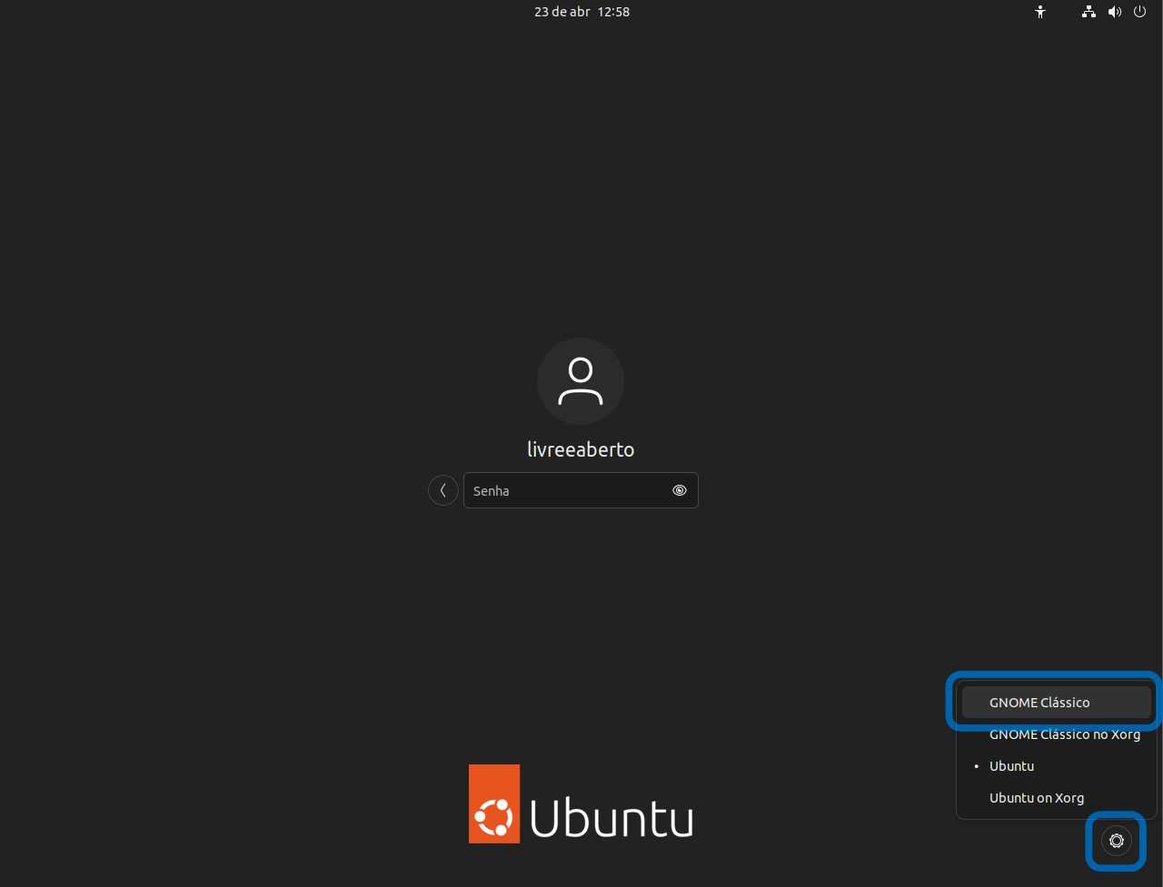 Escolhendo o GNOME Classic no Ubuntu 22.04