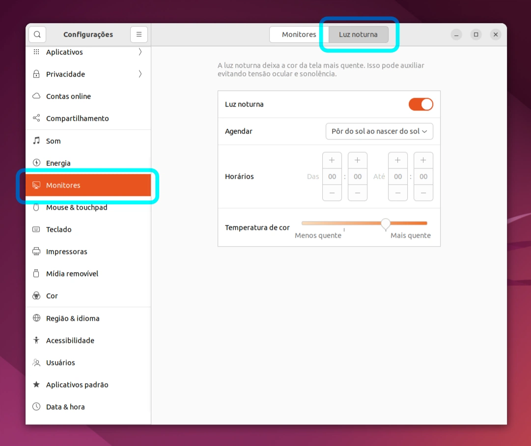 Habilitando opções de luz noturna no Ubuntu 22.04