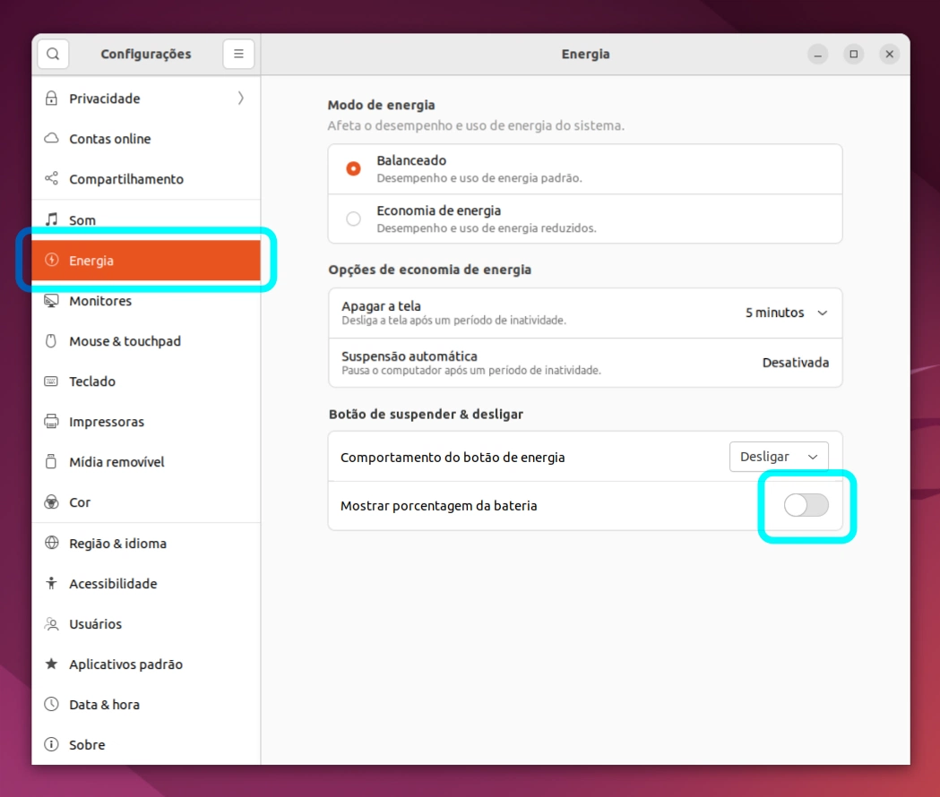 Opção de mostrar porcentagem da bateria no painel do Ubuntu 22.04