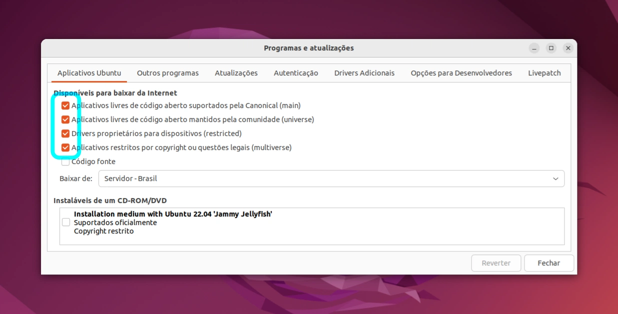 Selecionando fontes de software no Ubuntu 22.04
