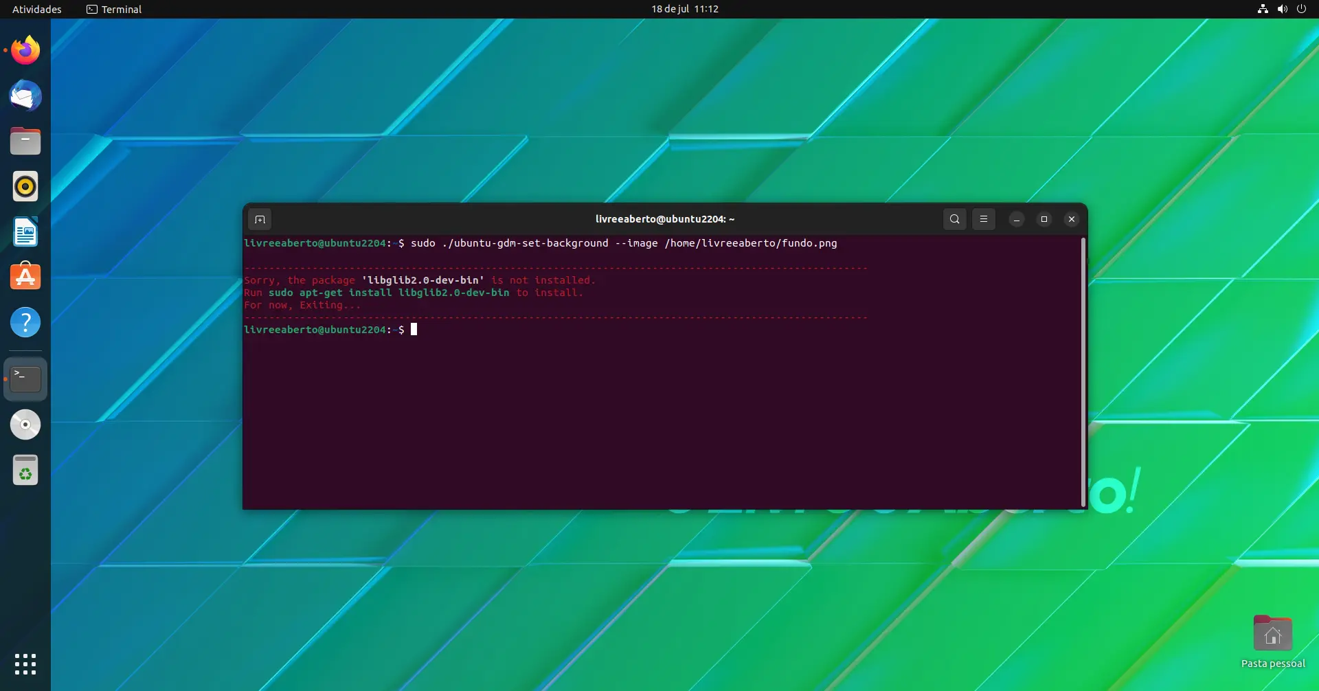 Alerta de pacotes faltando para alterar a tela de fundo do login no Ubuntu