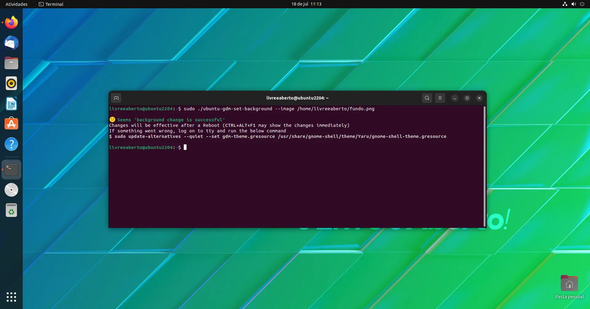Mensagem de sucesso ao alterar o fundo da tela de login do Ubuntu