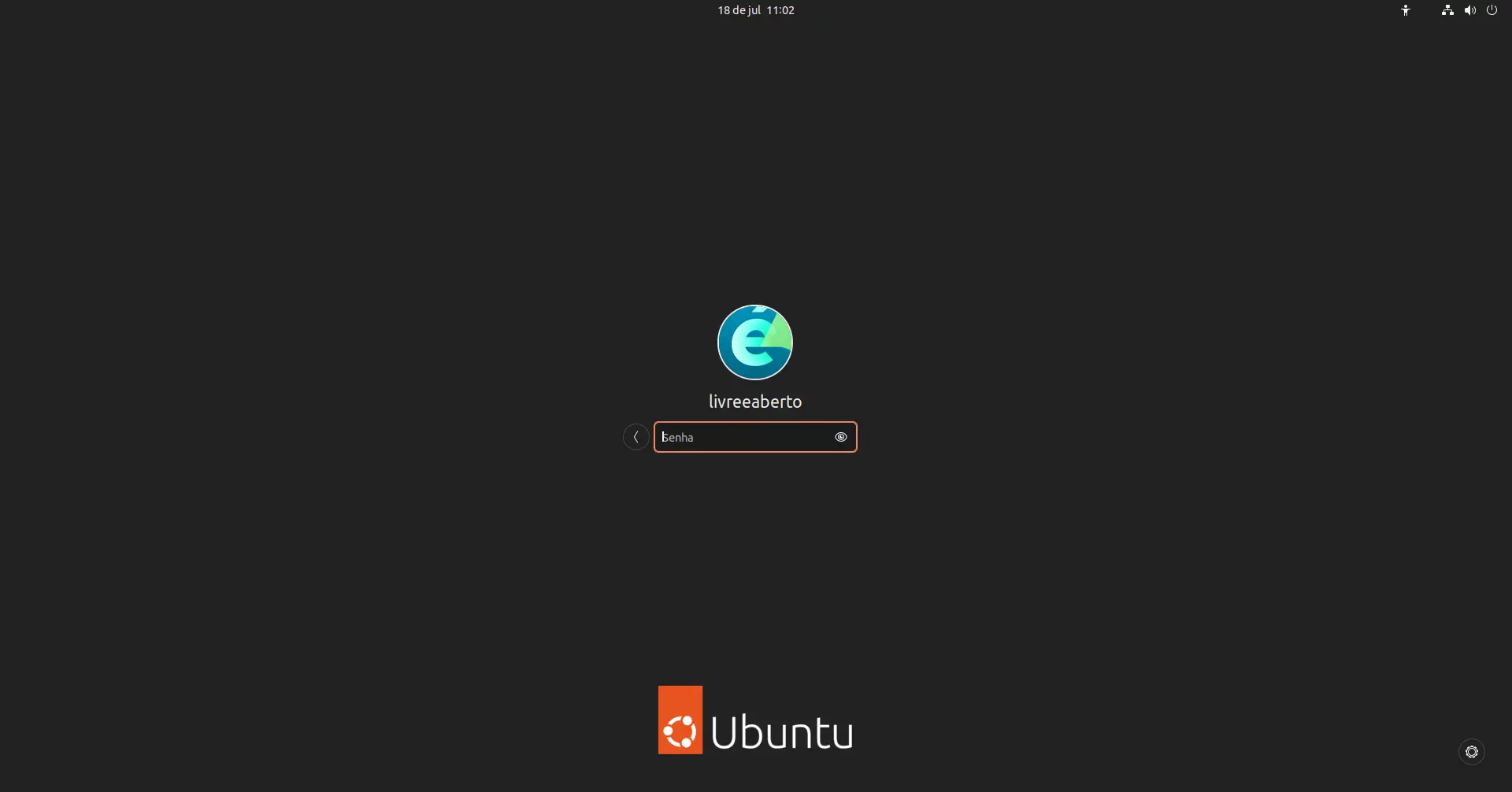 Tela de login padrão do Ubuntu