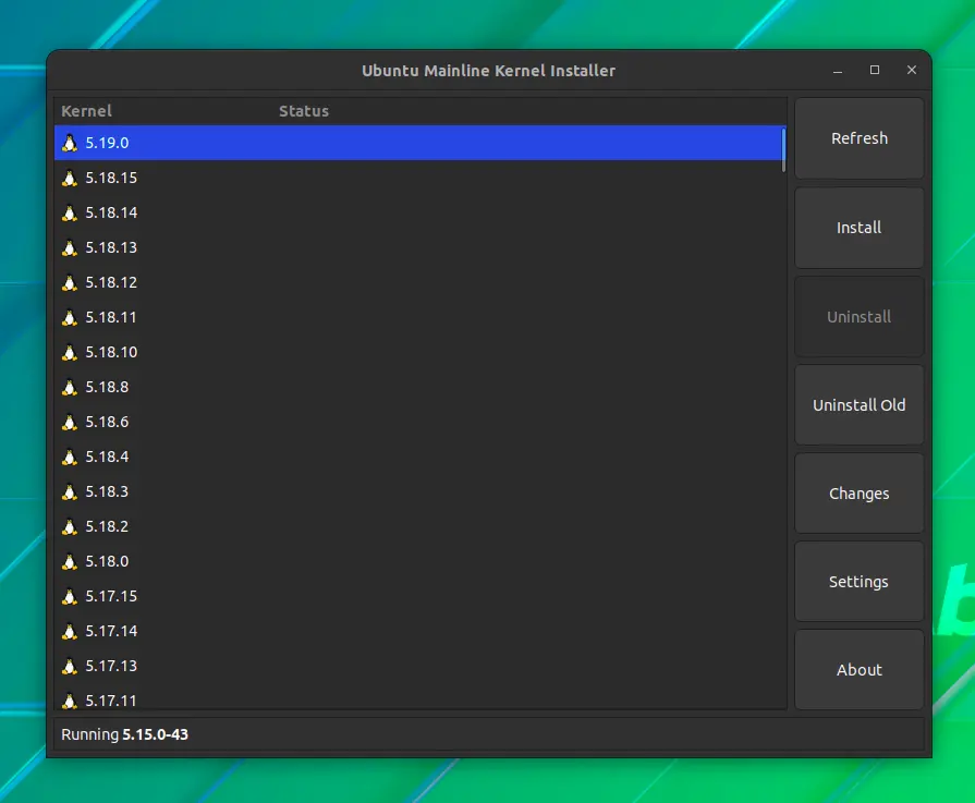 Mainline mostrando kernels disponíveis com o Linux 5.19 destacado
