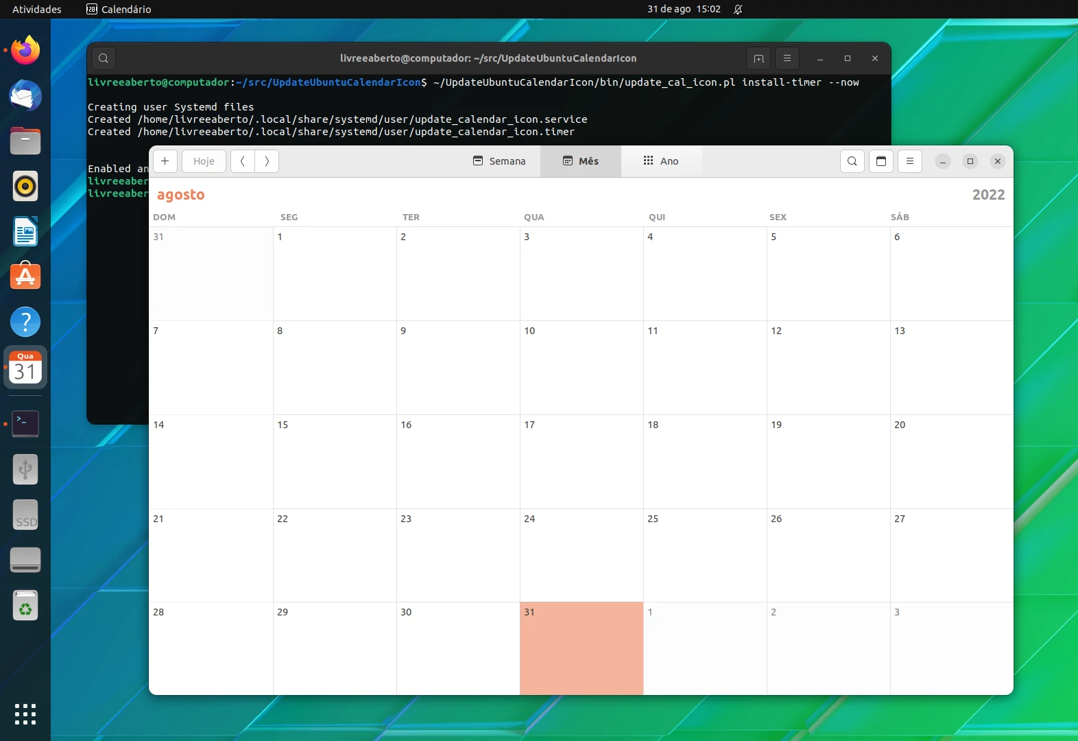 Ícone com a data do calendário no Ubuntu