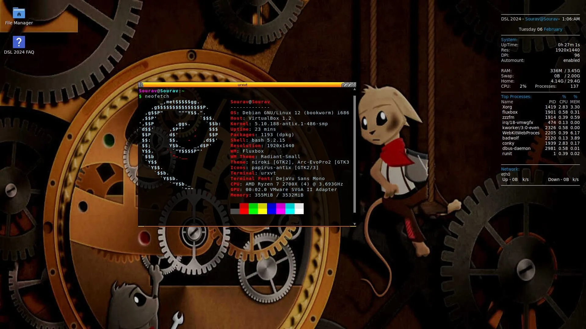 Uma captura de tela do Damn Small Linux 2024 Alpha Neofetch