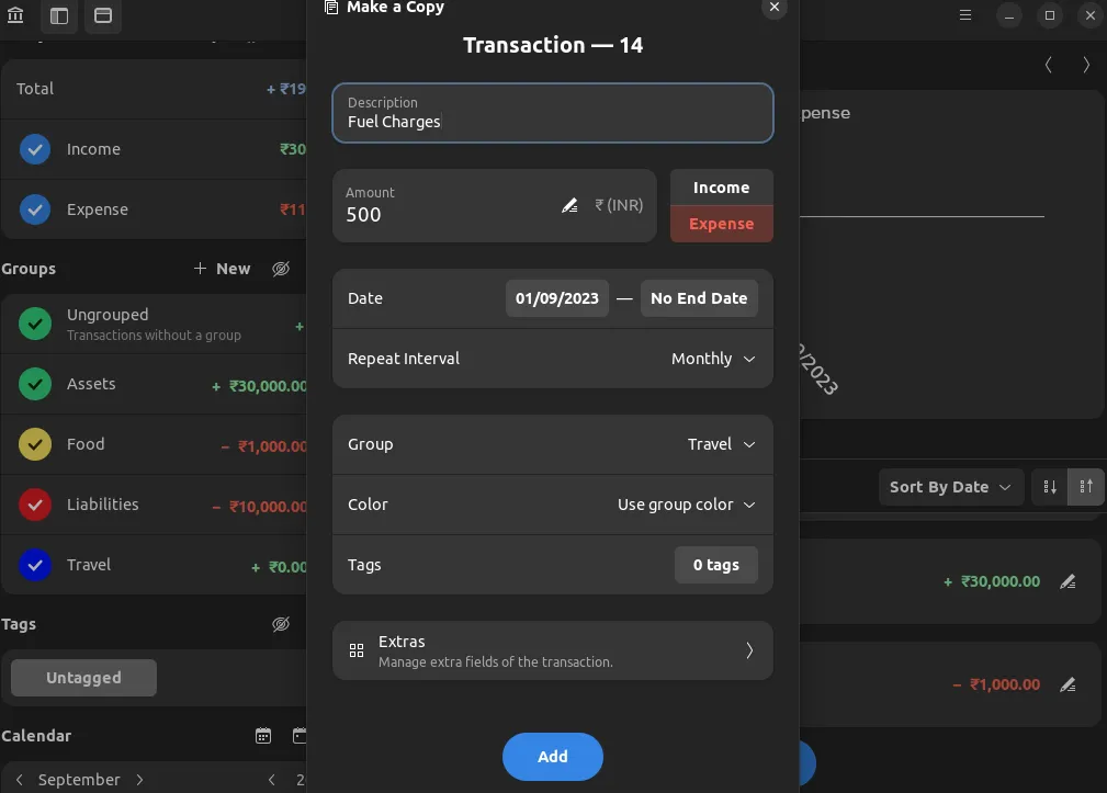 uma captura de tela da nova janela de transação do denaro