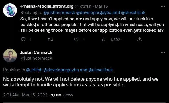 resposta de justin Cormack a um tweet sobre a exclusão de projetos de código aberto no docker hub