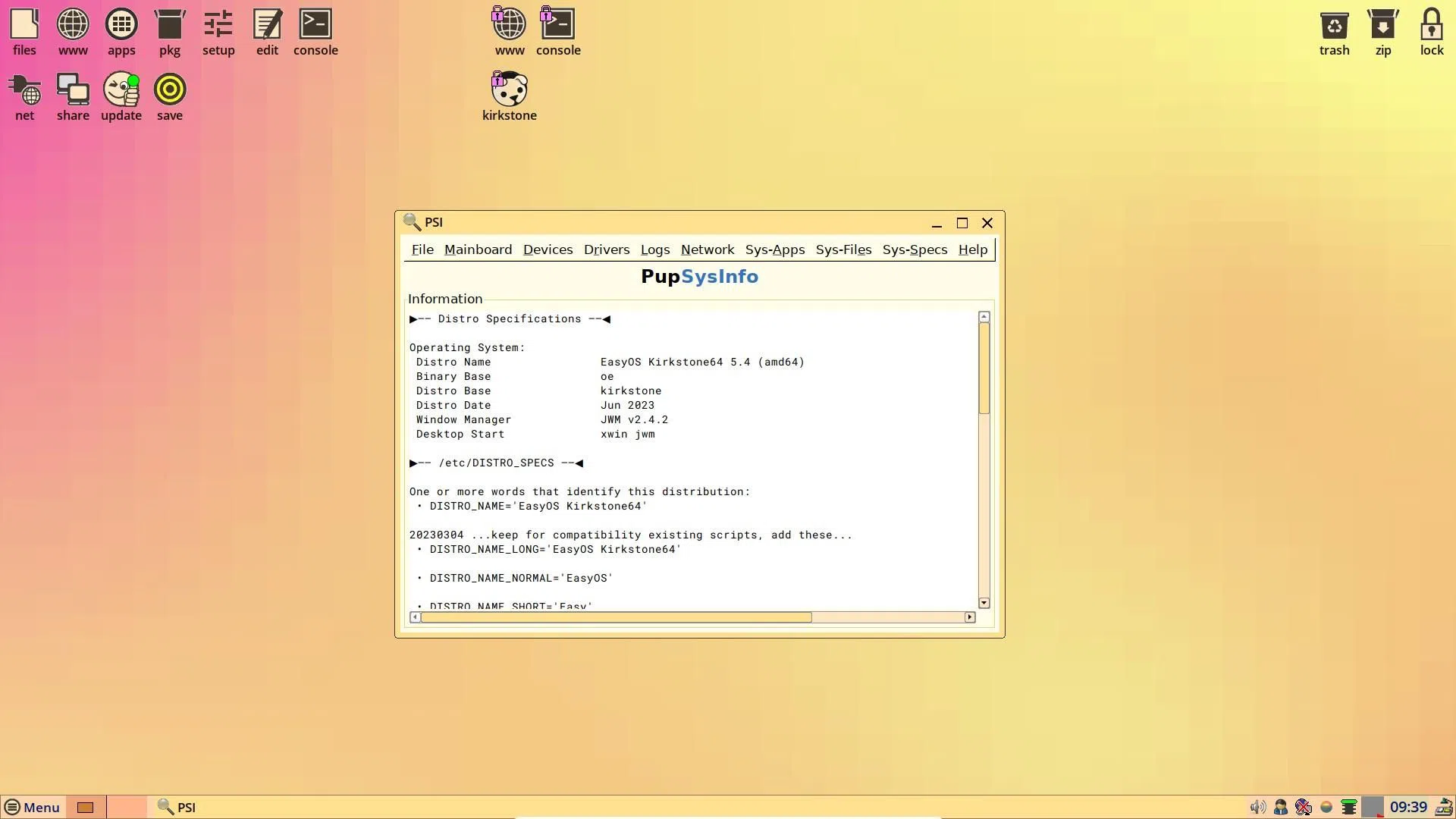 Uma captura de tela das informações do sistema do EasyOS