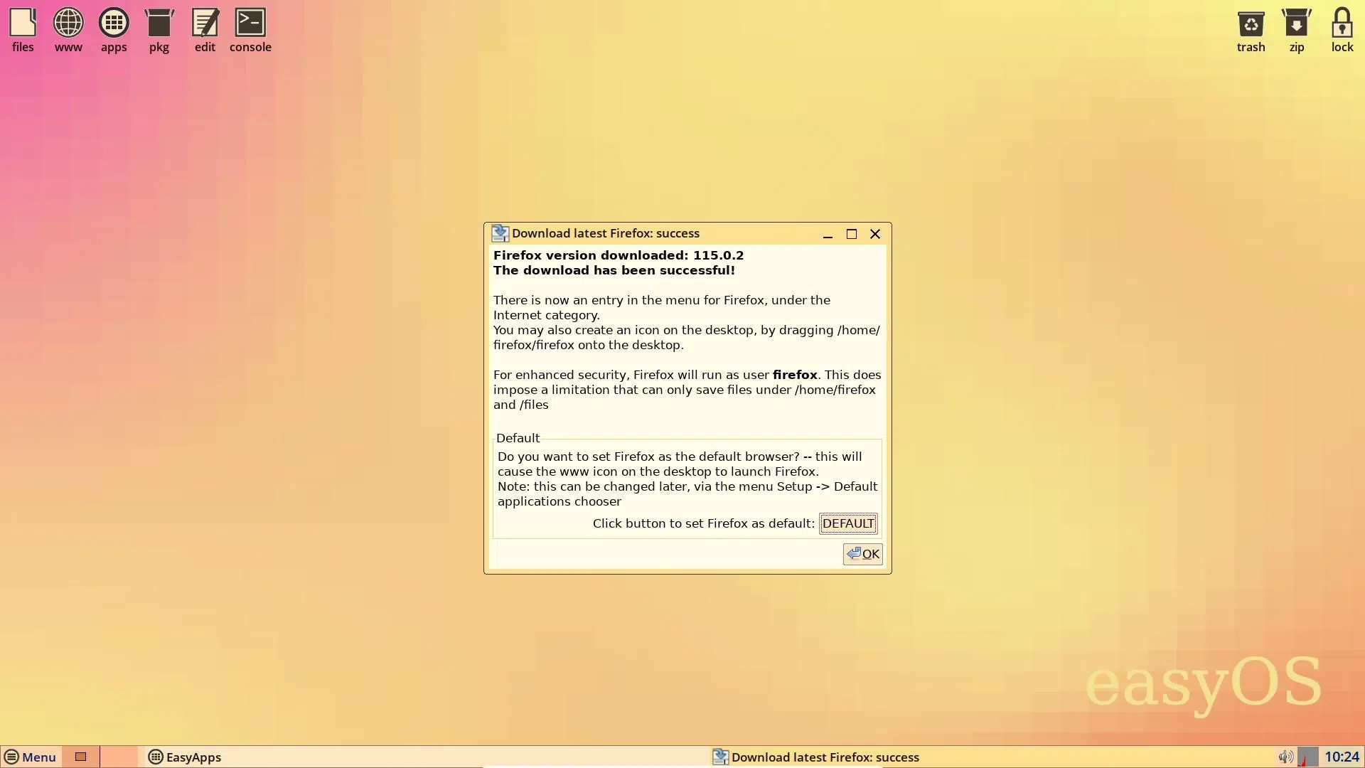 Uma captura de tela da janela de sucesso da instalação do aplicativo no EasyOS