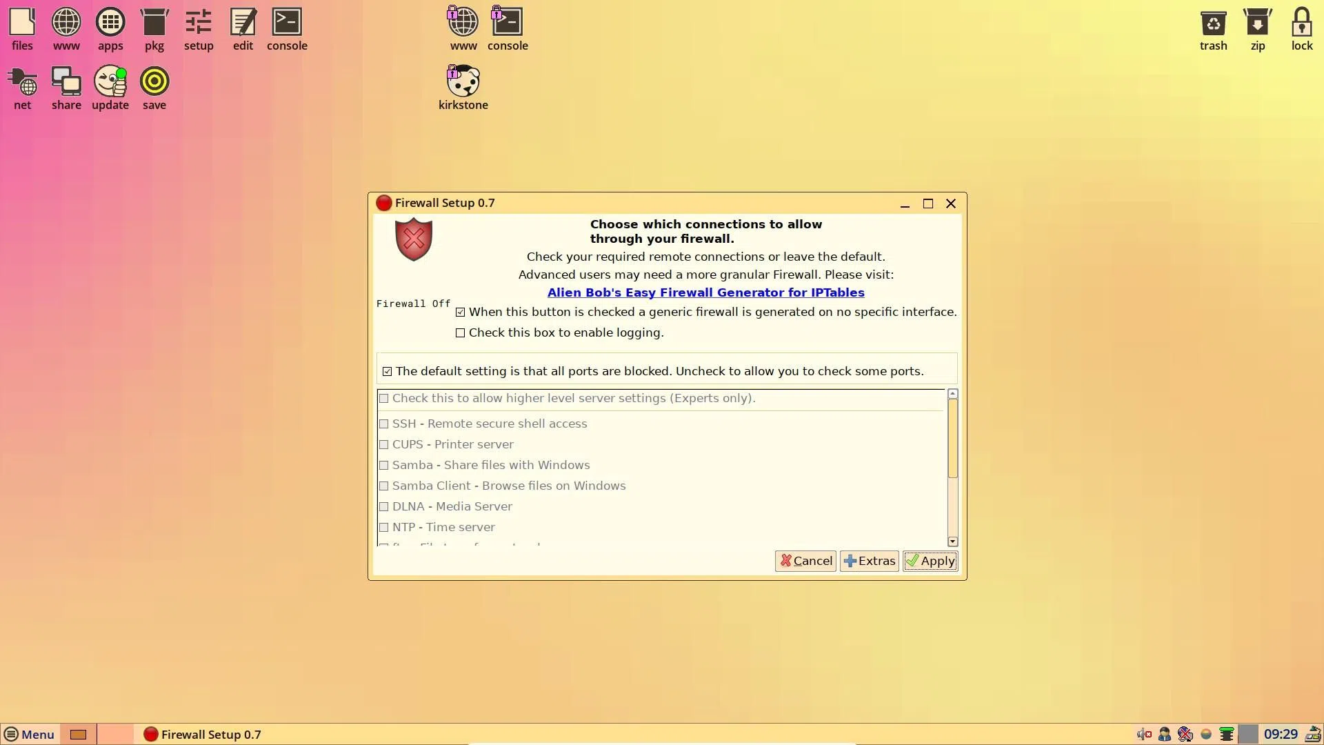 Uma captura de tela do menu de configuração do firewall do EasyOS