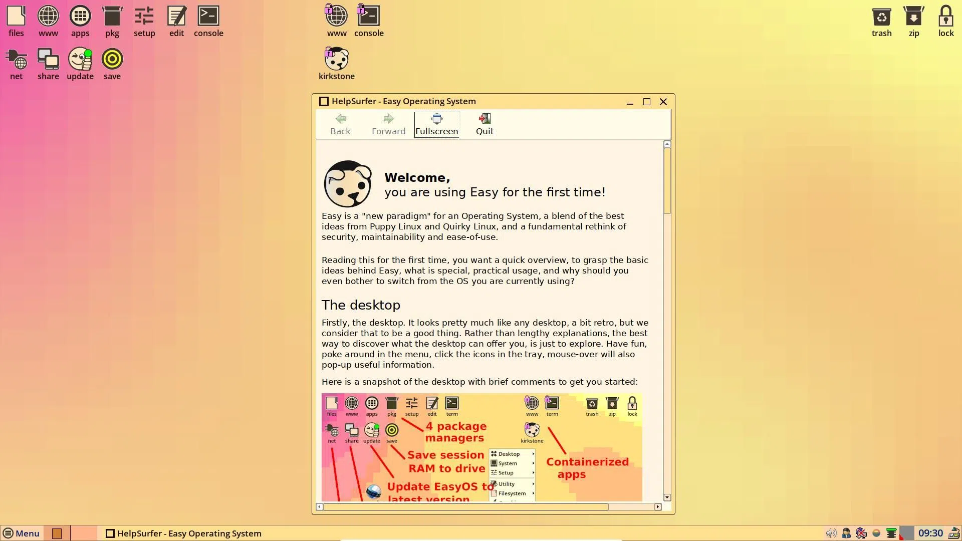 Uma captura de tela do aplicativo de boas-vindas do EasyOS