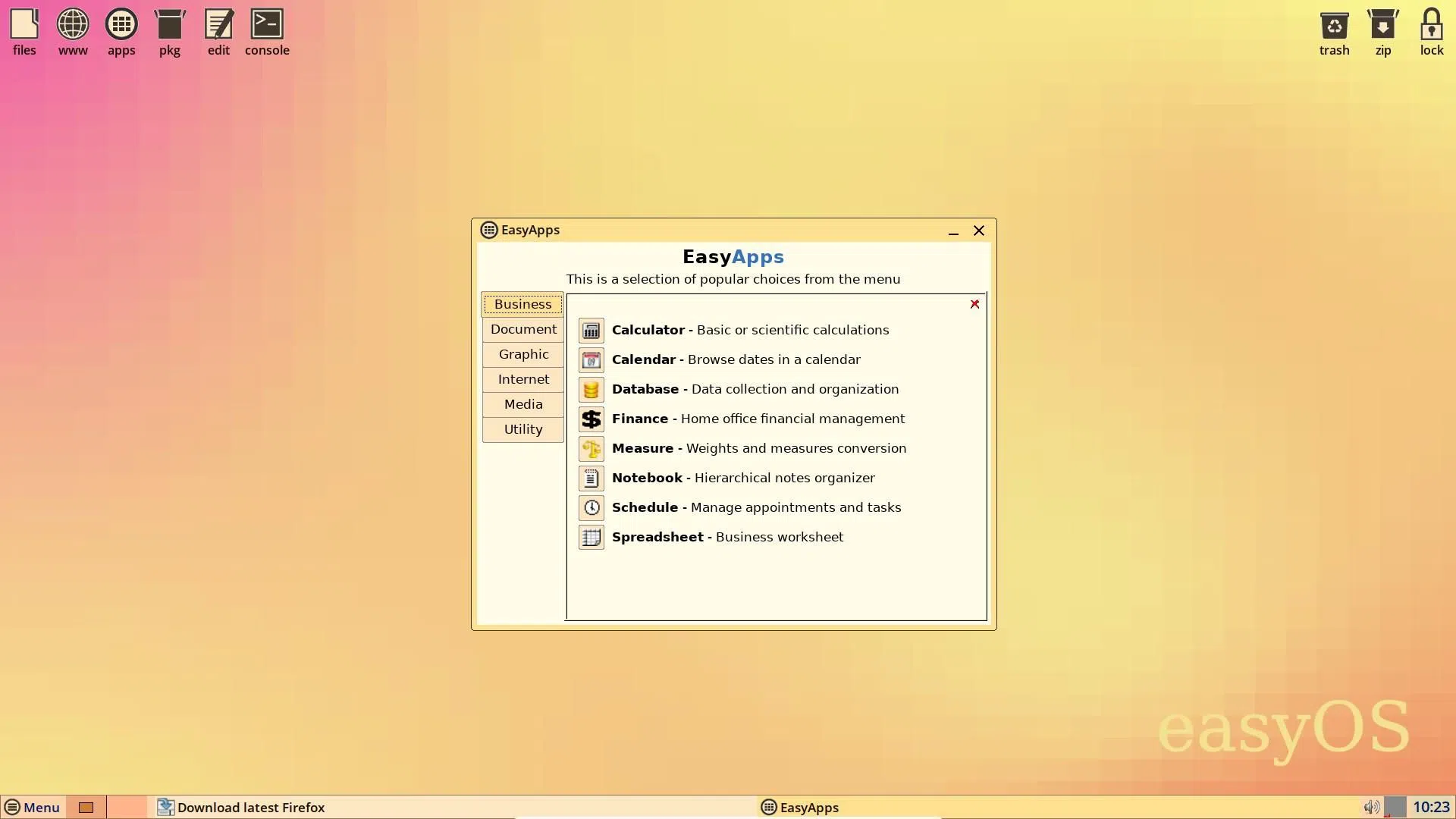 Uma captura de tela do recurso EasyApps do EasyOS