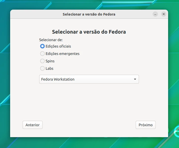 Selecionando edição do Fedora no Fedora Media Writer