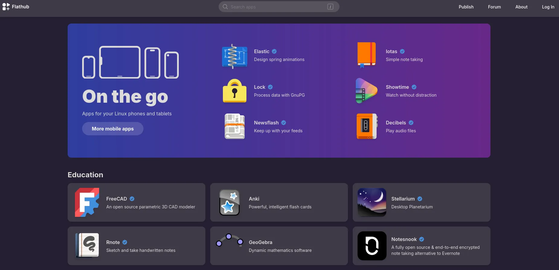 Uma captura de tela da página inicial do FlatHub mostrando a nova seção On the Go para aplicativos móveis