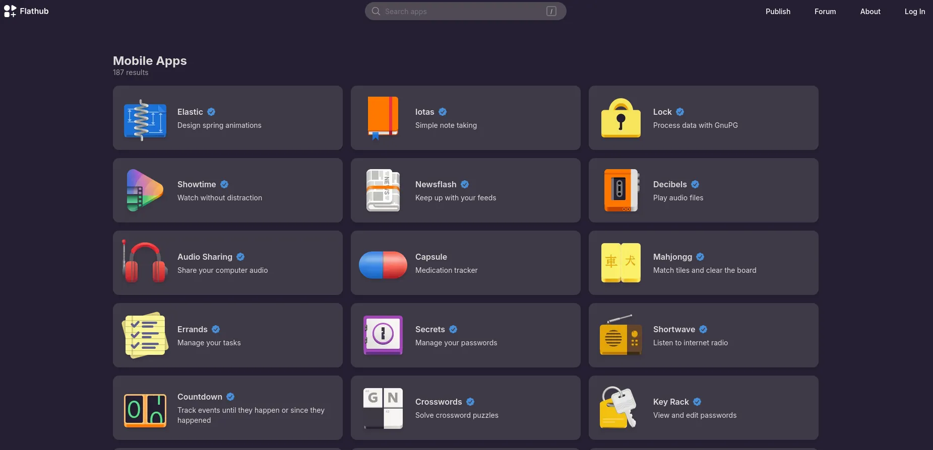 Uma captura de tela da página de aplicativos móveis do Flathub