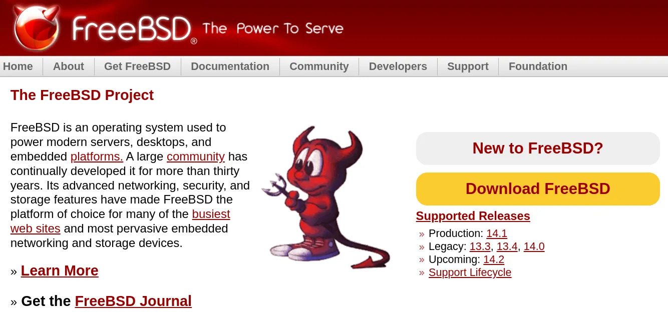 Uma captura de tela do site do FreeBSD