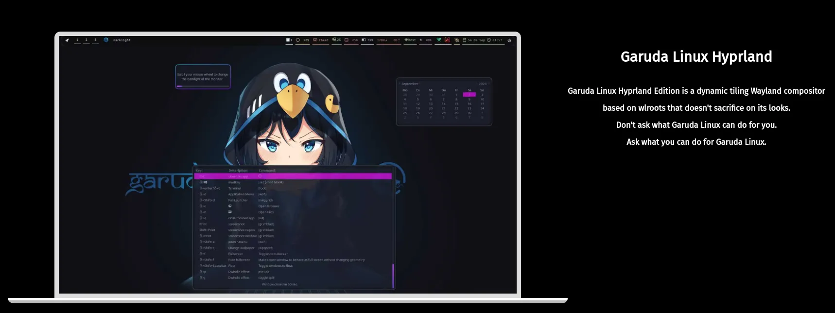Uma captura de tela mostrando o banner Garuda Linux Hyprland no site oficial