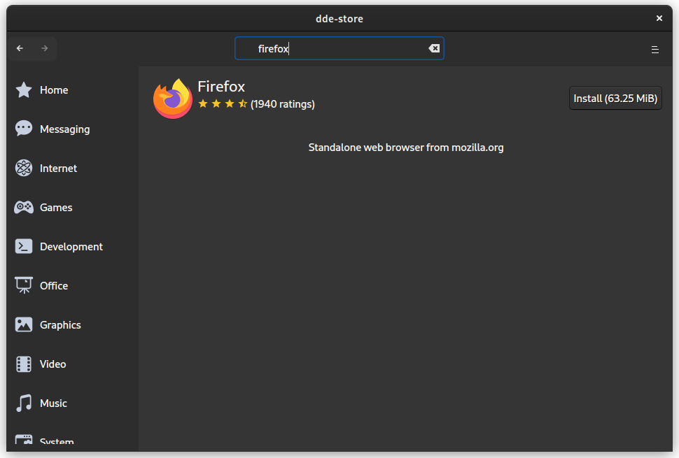 Instalando o Firefox usando a Deepin App Store