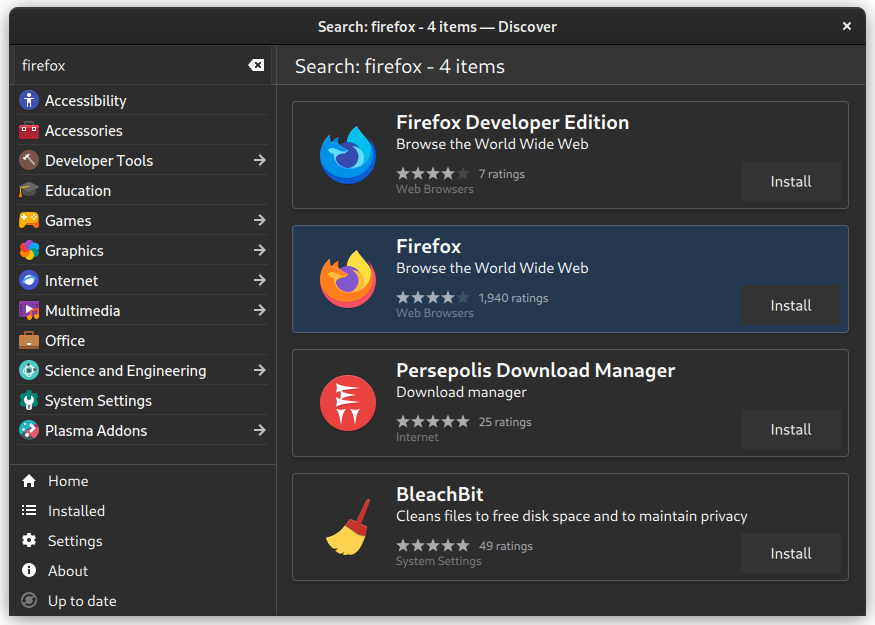 Instalando o Firefox usando o Discover