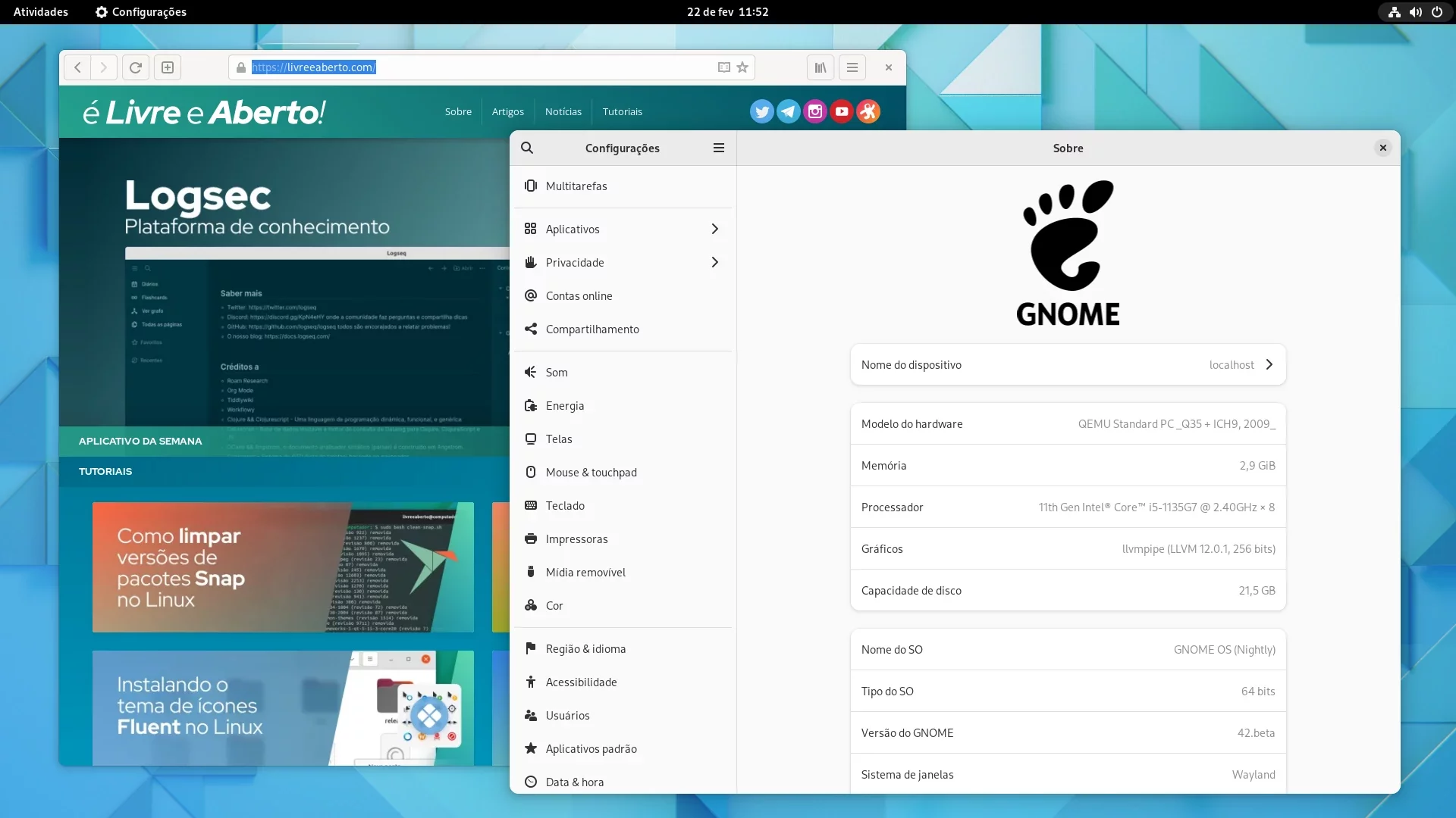 Tela do GNOME 42 Beta mostrando o navegador com a página do livreeaberto.com e a janela de informações do sistema