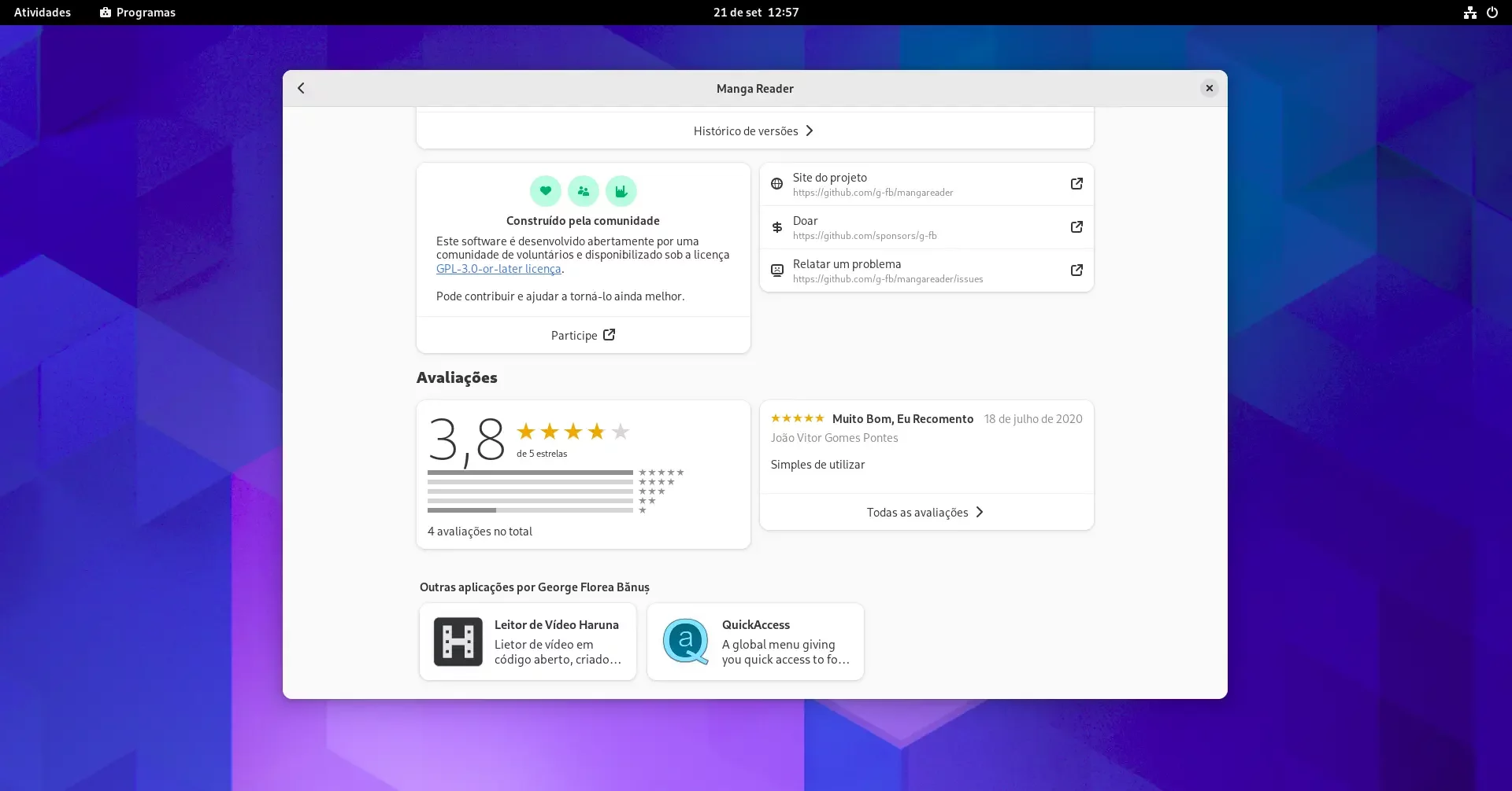 GNOME Software mostrando outros aplicativos do mesmo autor