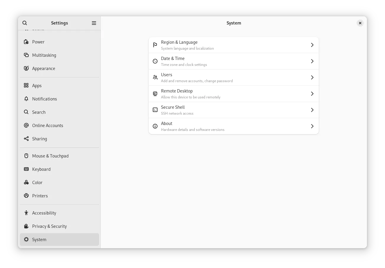 Captura de tela de configurações do sistema GNOME 46