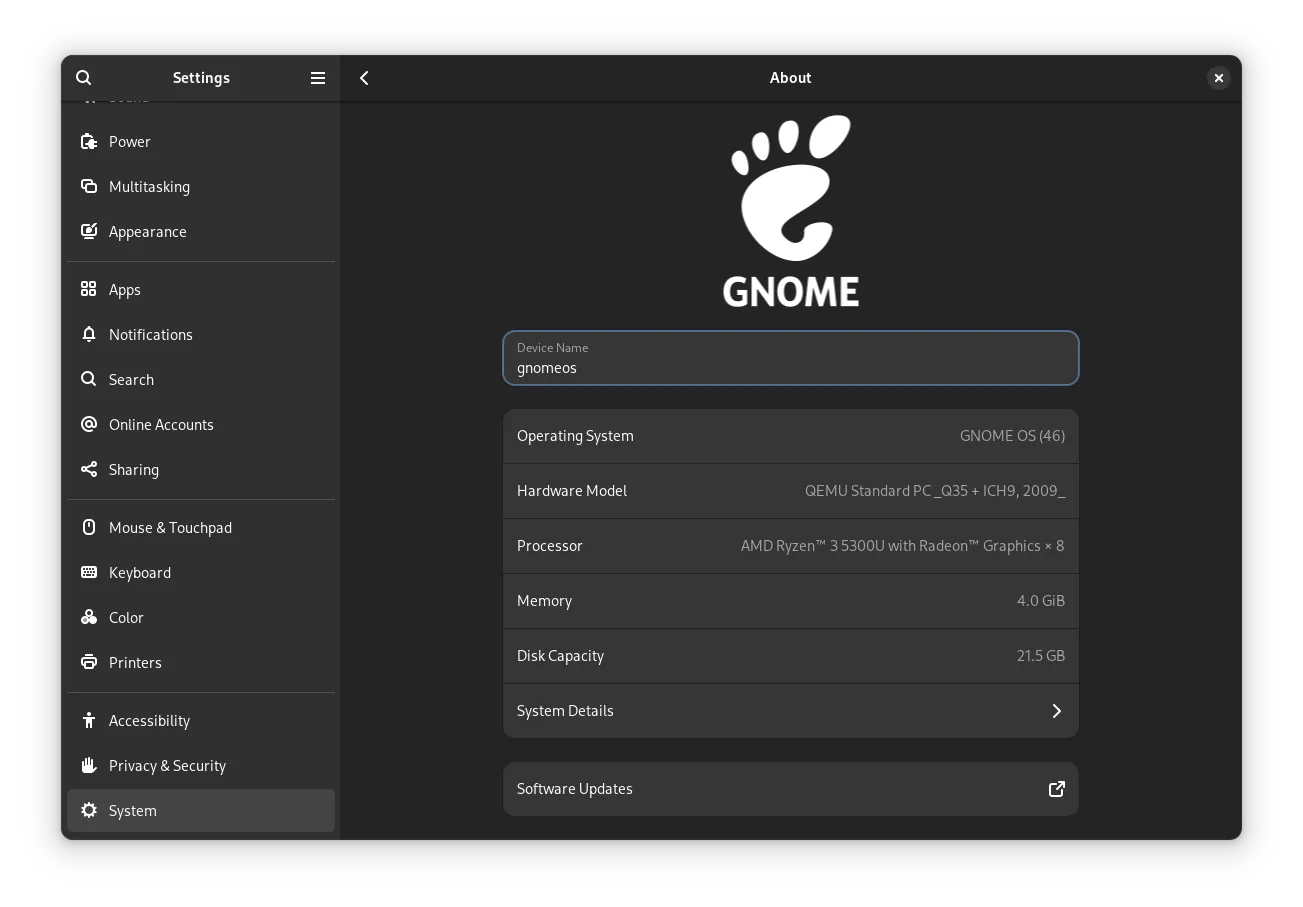 GNOME OS 46 sobre a captura de tela