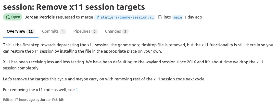 Uma captura de tela da solicitação de mesclagem que removeria destinos de sessão X11 do GNOME