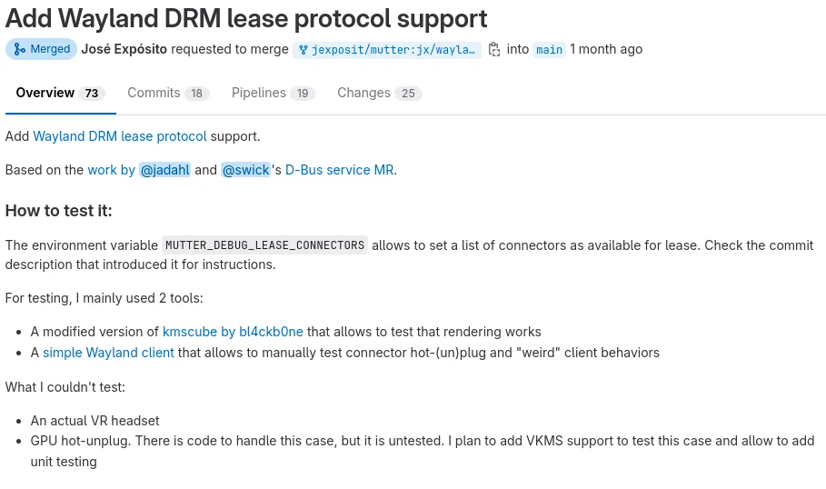 Uma captura de tela da solicitação de mesclagem para adicionar suporte ao protocolo de concessão Wayland DRM ao GNOME