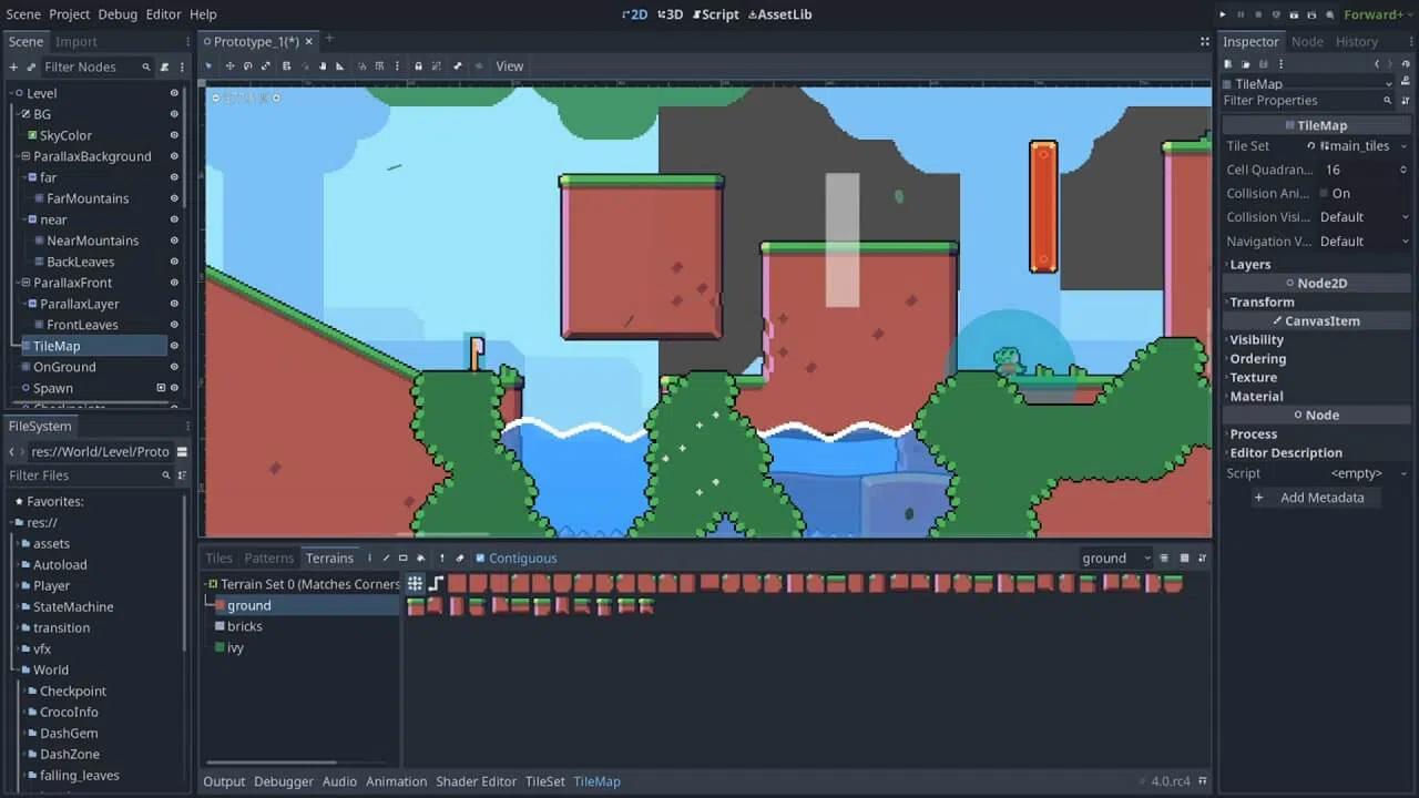 uma captura de tela das ferramentas de edição de nível 2D melhoradas no godot 4.0