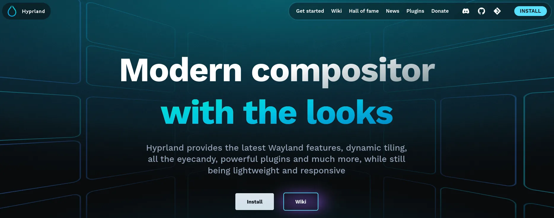 Uma captura de tela do site oficial da Hyprland com texto grande e muitos botões contra um fundo azul abstrato